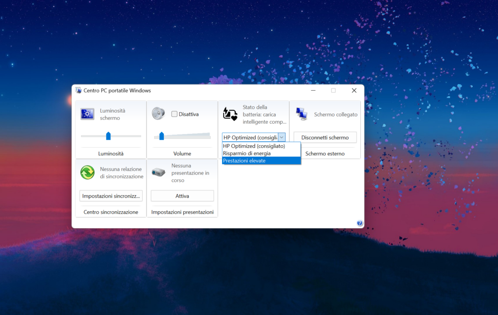 attivare la modalità prestazioni avanzate dal Centro di mobilità di Windows